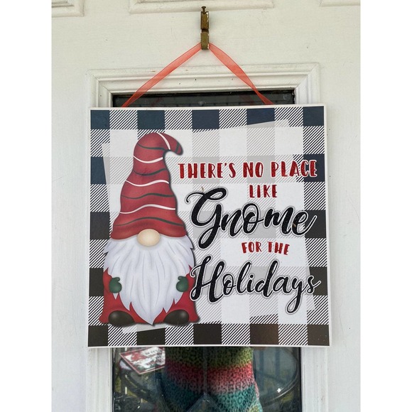 Black White buffalo check plaid theres no place like gnome for the holidays sign - Picture 1 of 6